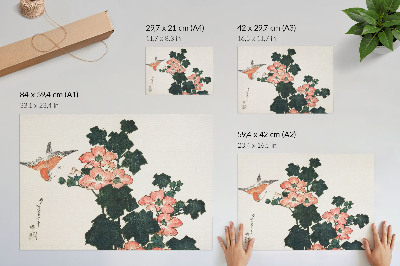 Plakat na platnu Rdeče vrtnice in ptica, Katsushiki Hokusai (1760–1849), starinski japonski lesorez