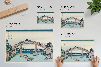 Plakat s teksturo platna Pogled izpod mostu Mannenbashi v Fukagawi, 1985, Katsushika Hokusai