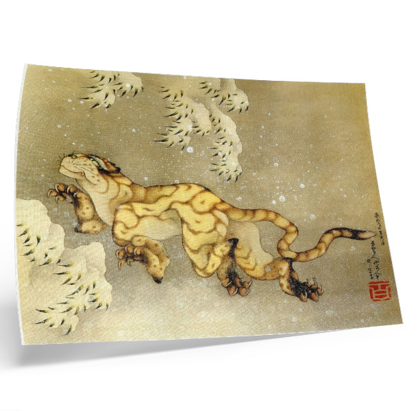 Plakat Katsushika Hokusai (1760–1849), Tiger v snegu. Viseči zvitek, črnilo in barva na svili, 1849