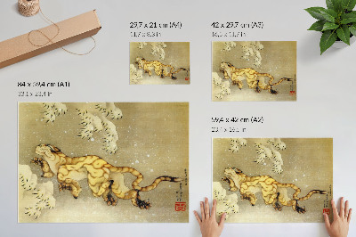 Plakat Katsushika Hokusai (1760–1849), Tiger v snegu. Viseči zvitek, črnilo in barva na svili, 1849