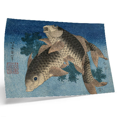 Plakat s teksturo platna Krap plava med morskimi algami (1831) – japonska ilustracija ribe