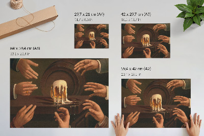 Plakat s teksturo platna Sedem moških rok, ki obdajajo vrček piva