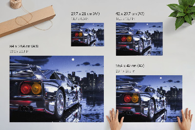 Plakat na platnu Športni avtomobil v mestni pokrajini ponoči