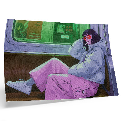 Plakat s teksturo platna Elegantna postava na tramvaju z roza hlačami