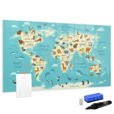 Magnetna piši-briši tabla zemljevid sveta z živalmi
