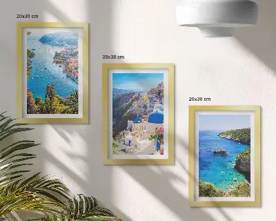 Komplet 3 slik v okvirju razgledi na grško obalo in mesto Santorini v Oii