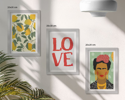 Set 3 slik v okvirju Limone z napisom LOVE, naslikan portret Fride Kahlo