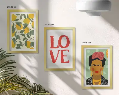 Komplet 3 slik v okvirju limone z napisom LOVE in portret Fride Kahlo