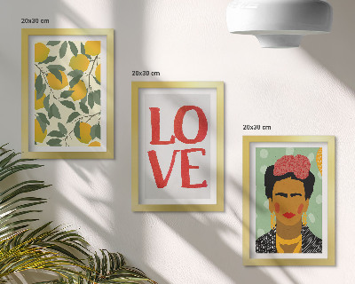 Set 3 slik v okvirju Limone z napisom LOVE, naslikan portret Fride Kahlo