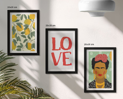 Set 3 slik v okvirju Limone z napisom LOVE, naslikan portret Fride Kahlo