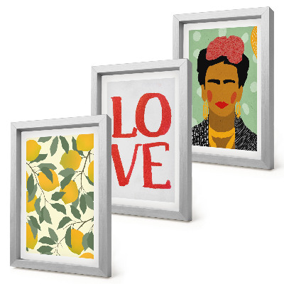 Set 3 slik v okvirju Limone z napisom LOVE, naslikan portret Fride Kahlo