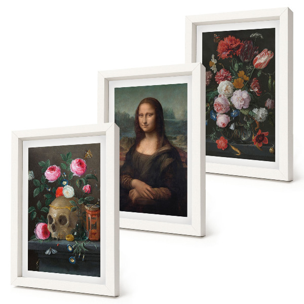 Komplet slik v okvirju Starinske rože, lobanja in portret Mone Lize, Leonardo da Vinci