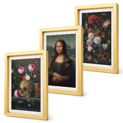Komplet slik v okvirju Starinske rože, lobanja in portret Mone Lize, Leonardo da Vinci