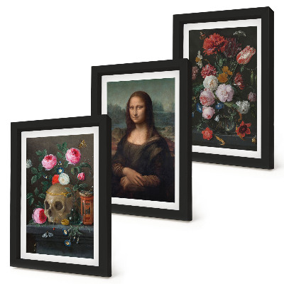 Komplet slik v okvirju Starinske rože, lobanja in portret Mone Lize, Leonardo da Vinci