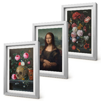 Komplet slik v okvirju Starinske rože, lobanja in portret Mone Lize, Leonardo da Vinci