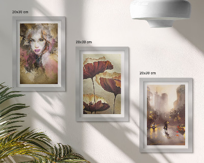 Set 3 slik v okvirju Abstraktni portret ženske, rože, mesto v dežju