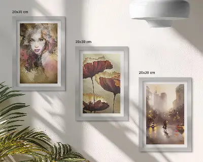 Komplet 3 slik v okvirju abstraktni portret ženske z rožami in mestom v dežju