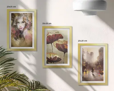 Komplet 3 slik v okvirju abstraktni portret ženske z rožami in mestom v dežju