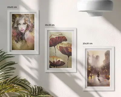 Komplet 3 slik v okvirju abstraktni portret ženske z rožami in mestom v dežju