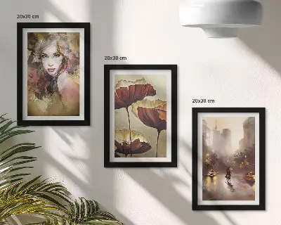 Komplet 3 slik v okvirju abstraktni portret ženske z rožami in mestom v dežju