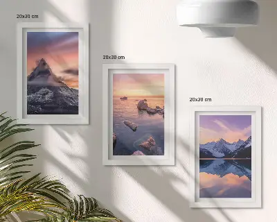 Set 3 slik v okvirju z motivi gora, jezer in sončnih zahodov