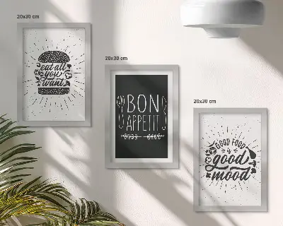 Stenska galerija slik z grafičnimi motivi s slogani o hrani in kulinariki