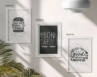 Stenska galerija slik z grafičnimi motivi s slogani o hrani in kulinariki