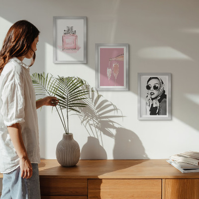 Set 3 slik v okvirju Elegantni ženstveni dodatki v roza odtenkih