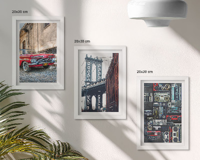 Komplet slik v okvirju Star avto na ulici blizu Brooklynskega mostu in retro avdio oprema