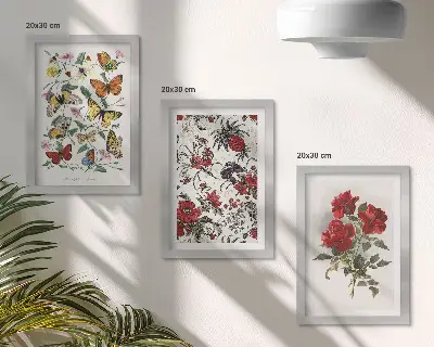 Komplet slik v okvirju z motivom metuljev, rož in rdečih vrtnic v klasičnem slogu