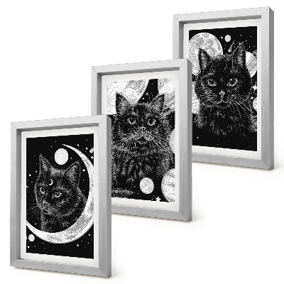 Set 3 slik v okvirju Črne mačke na ozadju lune in planetov v vesolju