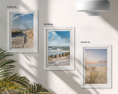 Stenska galerija slik Plaža s peskom, valovi, nebom in pticami v letu