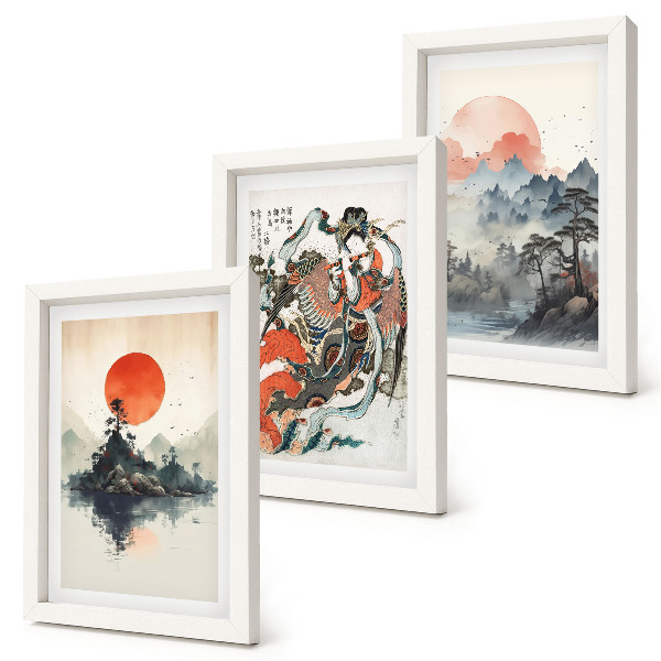 Set 3 slik v okvirju Azijske krajinske slike in portreti v japonskem slogu