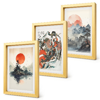 Set 3 slik v okvirju Azijske krajinske slike in portreti v japonskem slogu