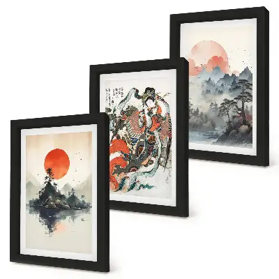 Komplet 3 slik v okvirju azijske krajine in portreti v japonskem slogu