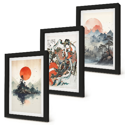 Set 3 slik v okvirju Azijske krajinske slike in portreti v japonskem slogu
