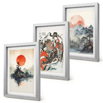 Set 3 slik v okvirju Azijske krajinske slike in portreti v japonskem slogu