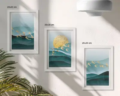 Stenska galerija slik abstraktne pokrajine s sončnimi valovi in letečimi pticami