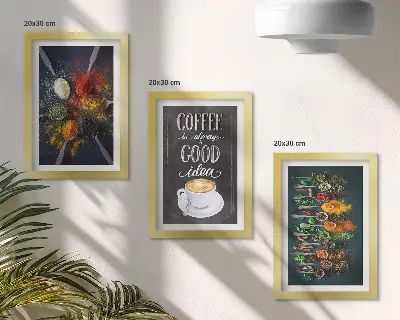 Komplet 3 slik v okvirju z motivom začimbne kave in kuhinjskih zelišč