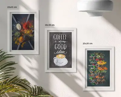 Komplet 3 slik v okvirju z motivom začimbne kave in kuhinjskih zelišč