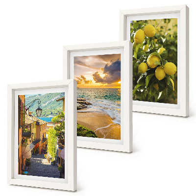 Set 3 slik v okvirju Slikovite ulice, morje, plaža in citrusna drevesa