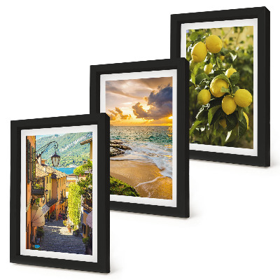 Set 3 slik v okvirju Slikovite ulice, morje, plaža in citrusna drevesa
