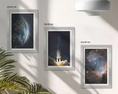 Komplet 3 slik v okvirju z motivom vesolja, Zemlje, rakete, galaksije in zvezd