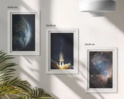 Komplet 3 slik v okvirju z motivom vesolja, Zemlje, rakete, galaksije in zvezd