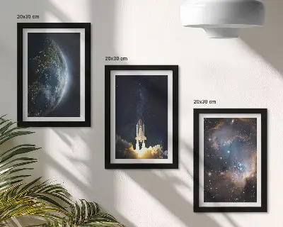 Komplet 3 slik v okvirju z motivom vesolja, Zemlje, rakete, galaksije in zvezd