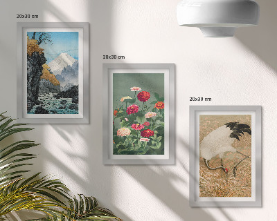 Komplet slik v okvirju Gore v pokrajini, reka, rože in žerjavi v travi