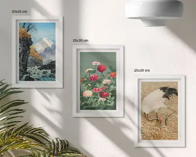 Komplet slik v okvirju gore v pokrajini z reko, rožami in žerjavi v travi