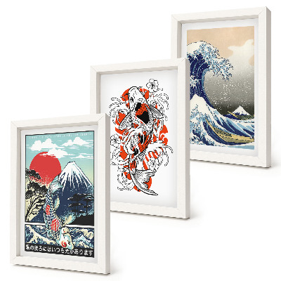 Set 3 slik v okvirju Ilustracije gora rib in Velikega vala pri Kanagawi, japonski slog