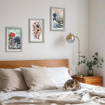 Komplet 3 slik v okvirju ilustracije gora, rib in Velikega vala pri Kanagawi v japonskem slogu