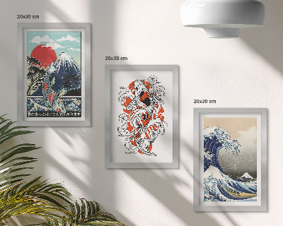 Set 3 slik v okvirju Ilustracije gora rib in Velikega vala pri Kanagawi, japonski slog